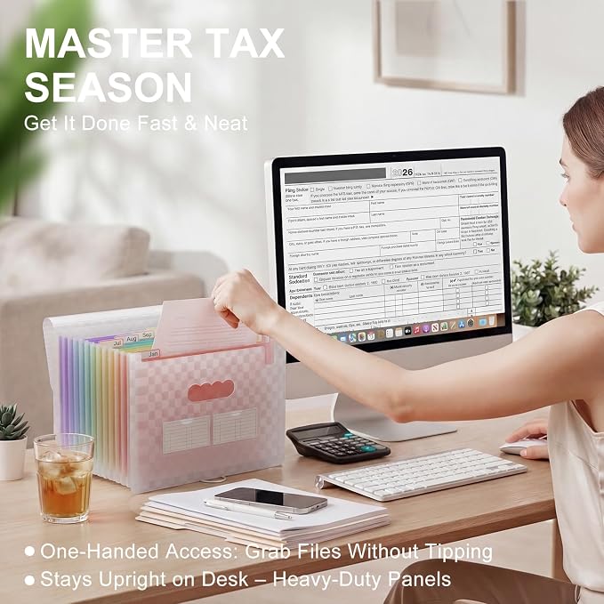 ThinkTex Accordion File Organizer, 12 - Pocket Expanding File Folders for Paper Receipts, Bills & Taxes Organizer, Letter/A4 Size Document Holder for School, Office, Home with Colorful tabs- Pink