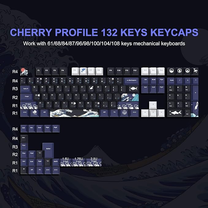 XVX PBT Keycaps 132 Keys, Great Wave Off Kanagawa Japanese Keyboard Keycaps, 5 Side DYE-Sub Custom Keycap Set, Cherry Profile Keycap for Cherry Gateron MX Switches Mechanical Keyboard