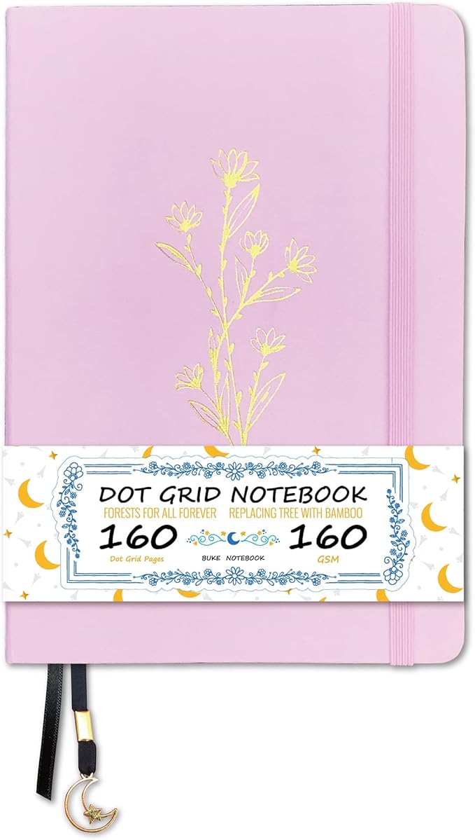 BUKE Dotted Notebook - Cotton Fabric Hardcover - 160gsm Thick Bamboo Paper - A5 Size Dotted Journal - 5x5mm DOT GRID Layout 160 Pages With Gift Box (BKC-6F)