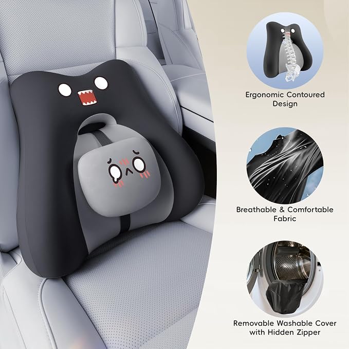 BEBAS Lumbar Support Pillow for Car & Office Chair - Ergonomic Back Support Cushion with Adjustable Memory Foam Bolster, Cute Cartoon Design, Lower Back Pain Relief for Driving & Desk Work - Black