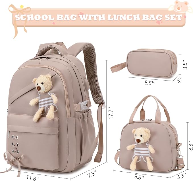 ACESAK School Backpack for Girls - 3 PCS Cute Girls Backpack with Lunch Box & Pencil Case - Kawaii Casual Kids Bookbag School Bag Daypacks Set for Elementary Middle High School Student Teens (Khaki)