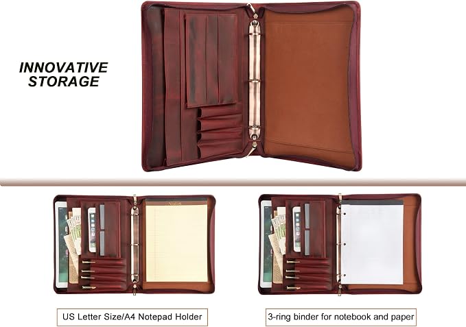 Personalized Genunie Leather Portfolio Binder, Customized Leather Portfolio for Men,3 Ring Binder Business Portfolio for Women, Organizer for A4 Legal Sized Notepad, Customized Gift, Red