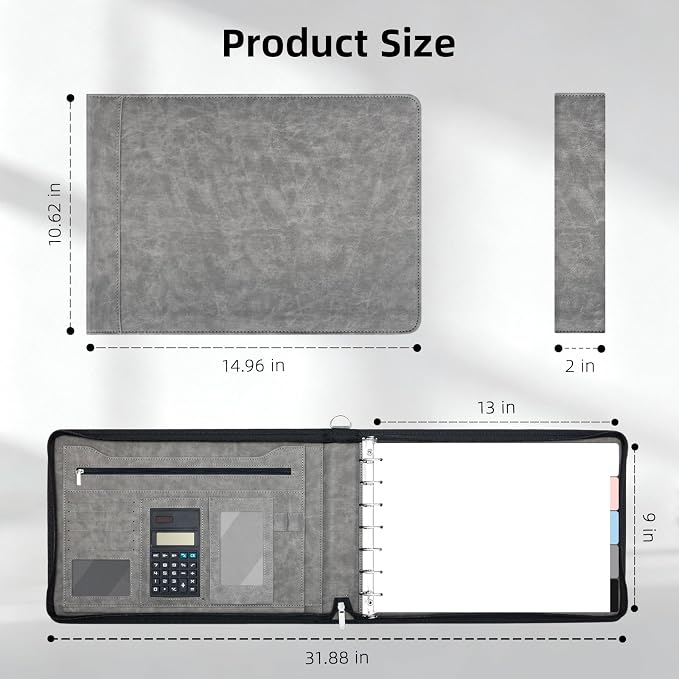 Ospelelf Grey Zippered 7 Ring Check Binder for Business Checks (9" x 13"), 1 Inch Faux Leather Checkbook Portfolio with Zipper Pouch, Professional Binder Organizer for Accountants, Home Use