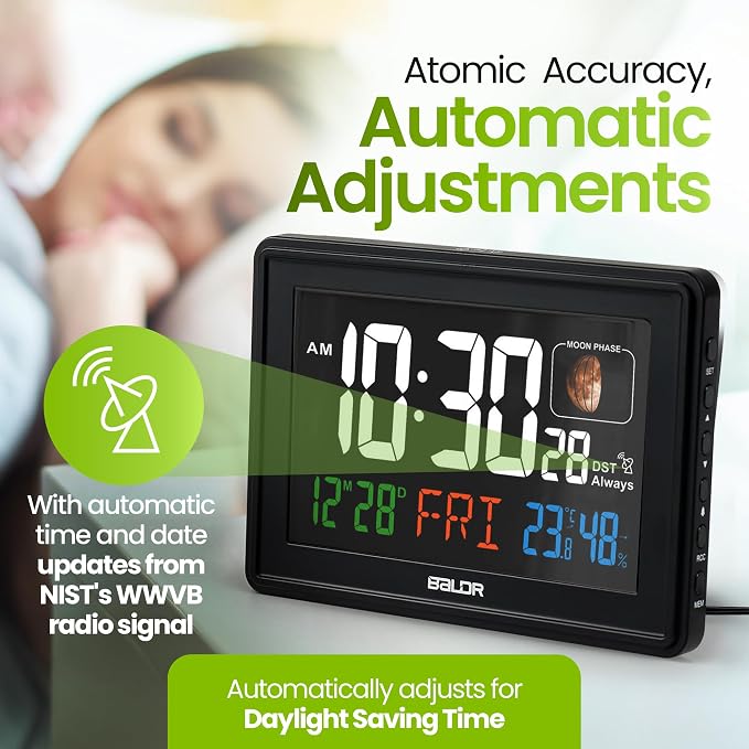 Baldr Digital Alarm Atomic Clock, 7'' Display with Adjustable Brightness | Large Desk Clock Indoor Temperature, Humidity & Moon Phase for Living Room Bedroom, Adapter Powered, Black