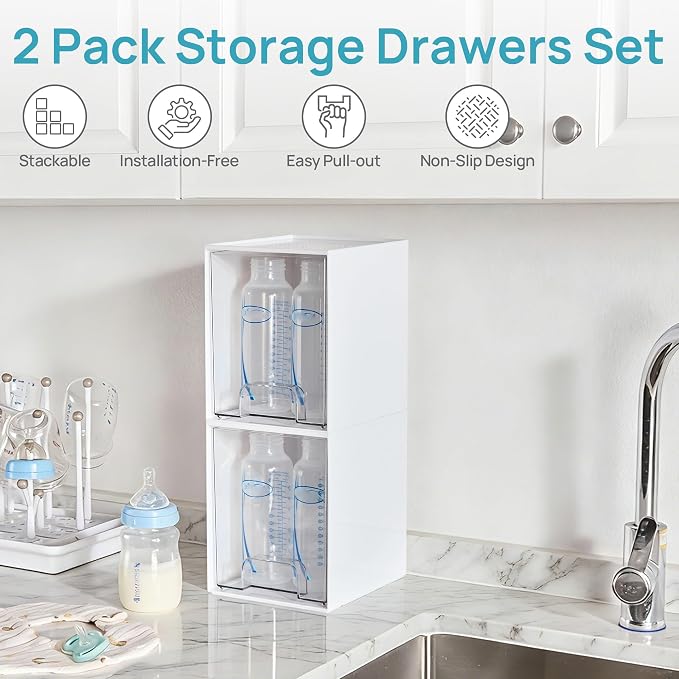 Vtopmart White Stackable Storage Drawers, 2 Pack Tall Organizers | Pull-Out Drawers, Stackable Design for Skincare, Cosmetics, Beauty Supplies, Vanity, Bathroom, Cabinet and Countertop