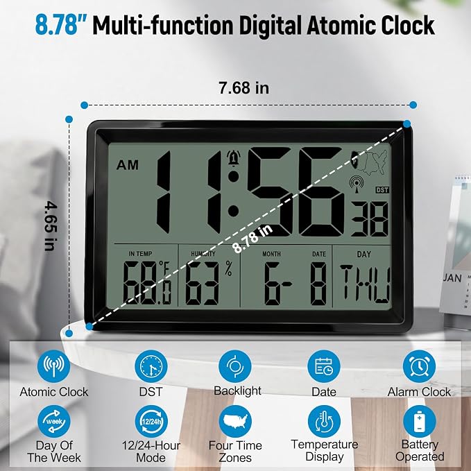 QPEUIM Atomic Clock with Indoor Temp & Humidity,Atomic Wall Clock 8.78 Inch Self-Setting, Digital Clock Large Display with Auto DST & 4 Time Zones for Home Office Bedroom