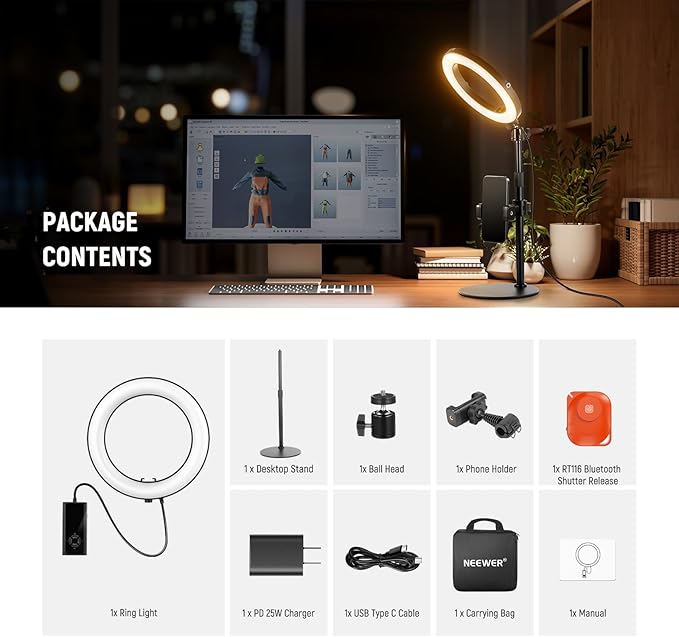 NEEWER 18W 8" Desk Ring Light with Stand, Circle Selfie Light for iPhone Streaming Makeup Video Recording, Video Conference Lighting Kit with Phone Holder for Laptop Computer Zoom Call Podcast, RH8B