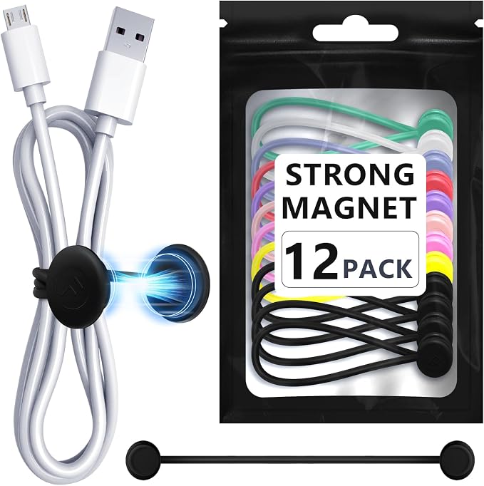Magnetic Cable Ties – Reusable Silicone Magnetic Cord Organizers for Bundling, Fridge Clips, Book Markers & More – Assorted Colors for Efficient Cable Management (Black Color, 12-Pack)