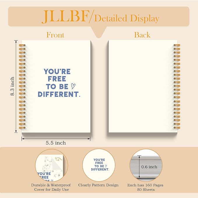 JLLBF Motivational Spiral Notebook, Positive Affirmation Gifts Notebooks for Work, Encouragement Gifts for Women Men, You're Free to Be Different Journal Notebook, 5.5x8.3 Inch