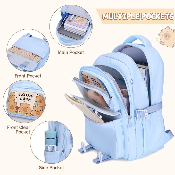 Capybara Backpack for Girls with Headphones - 4PCS Girls Backpack for Kindergarten Elementary Middle High School Travel - 3.5mm Wired Headphones Backpacks Back to School Gift(Blue)