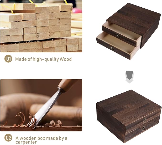 Cabilock Wooden Desktop Drawer Organizer Vintage Wood Box with Drawer Retro Desk Storage Box with Pull Ring for Office Supplies Home Desk Accessories 10.03 X 9.64 X 4.33 in
