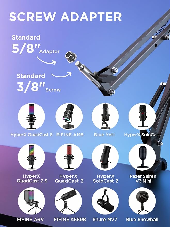 InnoGear Boom Arm Microphone Mic Stand for Blue Yeti HyperX QuadCast SoloCast Snowball Fifine Shure SM7B and Other Mic, Extended Mic Arm (Black)