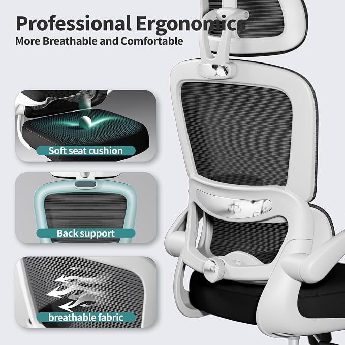 TRALT Office Chair Ergonomic Desk Chair, 330 LBS Home Mesh Office Desk Chairs with Wheels, Comfortable Gaming Chairs (Black & White)