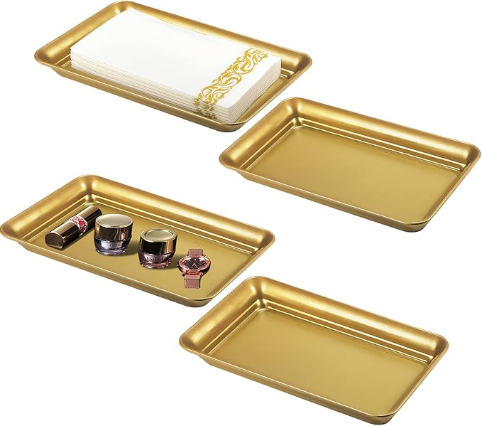 SheeChung Metal Vanity Tray, Bathroom Counter Storage Tray, Gold 4 Pack | Sturdy Decorative Tray Holder, Farmhouse Vintage Decor Accessories for Perfume, Cosmetics, Jewelry, Makeup, Guest Hand Towel