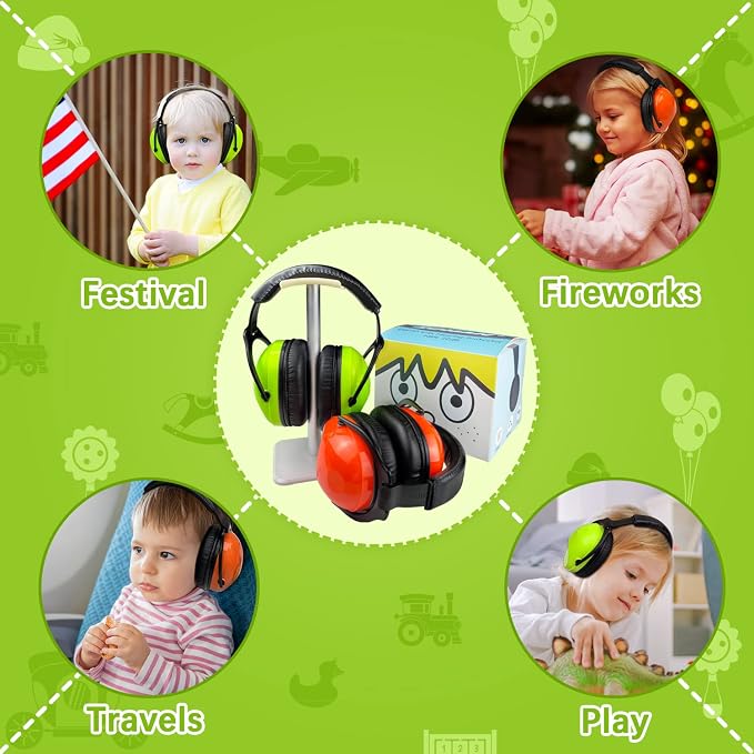 ZOHAN Kids Ear Protection 2 Pack, 25dB NRR Noise Cancelling Headphones for Kids, with Pillowy Pads, for Monster Truck, School, Autism, Sensory, Fireworks, Concerts, Events (Orange+Green)