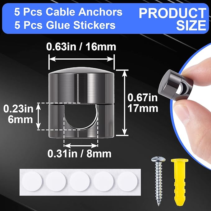 SmallCat 5 Sets Charger Holders for Cords, Black Adjustable Cable Anchor Holders, Adhesive Metal Cord Clips, Cable Management Wire Organizers for Desk, Office, Nightstand