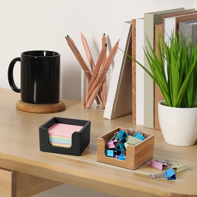 Wood Sticky Note Holder, 3 x 3 Inch Post It Note Dispenser for Office Desk Accessories, Self Stick Note Pad Holder, Memo Pad Holder Dispenser Organizer for School Office Desk Supplies, Black