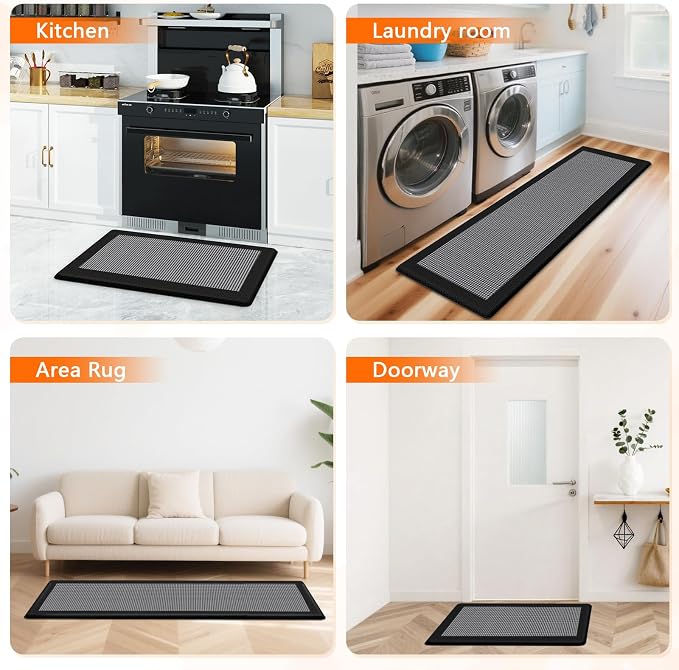 Kitchen Mats, 2PCS Kitchen Rugs for Floor, Cushioned Anti-Fatigue Mats for Kitchen Floor, Non-Slip Standing Desk Mat for Sink, Home, Laundry & Office, 17.3"x30"+17.3"x59" (Black)
