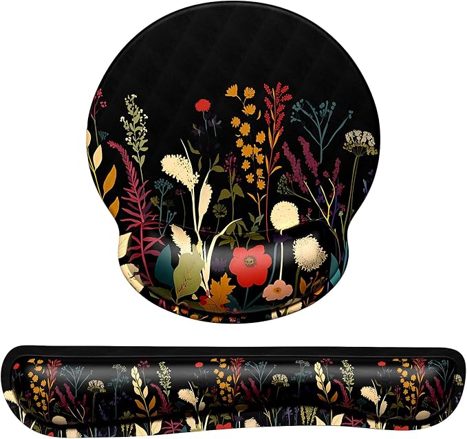 Dapesuom Keyboard Wrist Rest and Mouse Pad with Wrist Support, Cute Memory Foam Cushion for Keyboard and Mouse Set, Desktop Pad Rests with Non Slip Base for Easy Typing & Pain Relief, Floral Cartoon