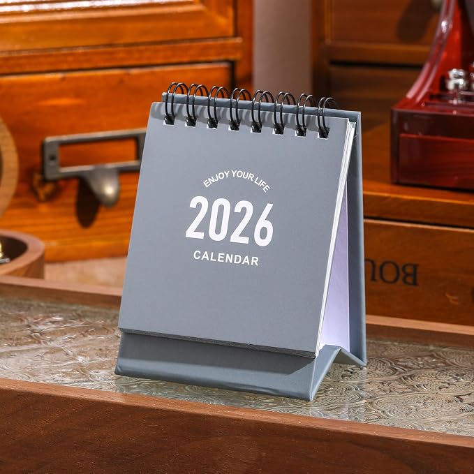 Mini Desk Calendar 2026-2027 - Runs From January 2026 until June 2027 Small Desktop Calendar Thick Paper Twin-Wire Binding with Stickers for Home Office School (Mini Grey)