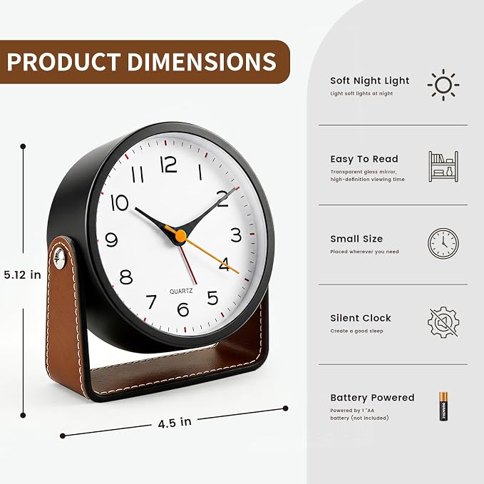 Analog Alarm Clock - 4.5" Silent Non Ticking Small Clock with Light, Rotatable Stand Metal Desk Clock Battery Operated, Simple Design for Living Room Decor/ Bedroom/Bedside/Shelf (Black & Brown)