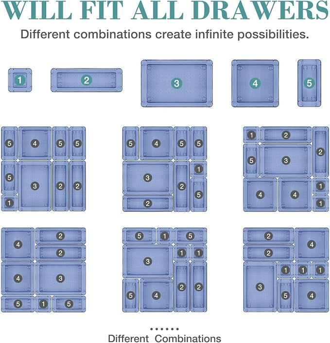 23 PCS Drawer Organizer Set, 5 Size Bathroom and kitchen organizer Trays | Bathroom and kitchen Drawer cabinet organizer Trays, Clear Storage Bins for Makeup, Jewelry, Utensils and Gadgets
