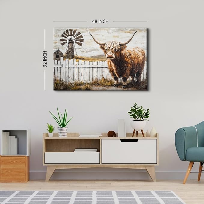 Rustic Cattle Canvas Wall Art Vintage Barn Painting Wall Decor Western Farm Longhorn Cow Pictures for Bedroom Autumn Wild Animal Poster Prints Modern Large Artwork for Living Room Decorations 32x48"