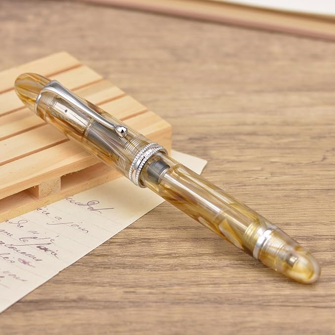 Asvine V800 Fountain Pen – Vacuum Filling System with Large Ink Capacity – Smooth Number 8 Fine Nib with Gift Case and Wrench- Brown White