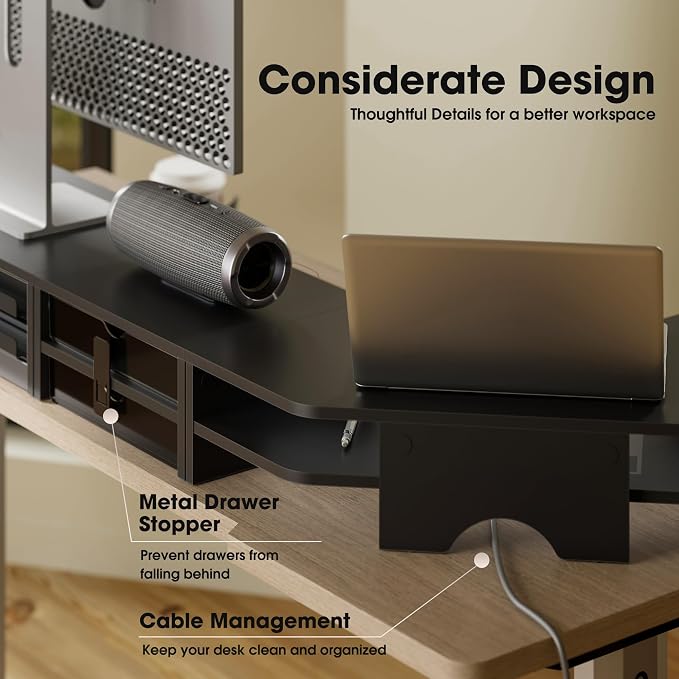 Fenge Dual Monitor Stand, Corner Desk Shelf with Drawer & Slide-Out Tray | Modular Design for Flexible Layouts, 2-Tier Storage Desktop Organizer for Computer, Laptop, Printer and Telephone