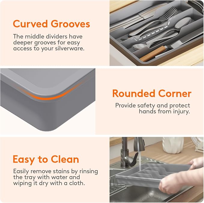 Lifewit Silverware Drawer Organizer Tray, Plastic Cutlery Storage for Kitchen, Flatware and Utensil Holder Divider for Spoons Forks Knives Tableware, 9.5 x 13.4", 5 Slots, Gray
