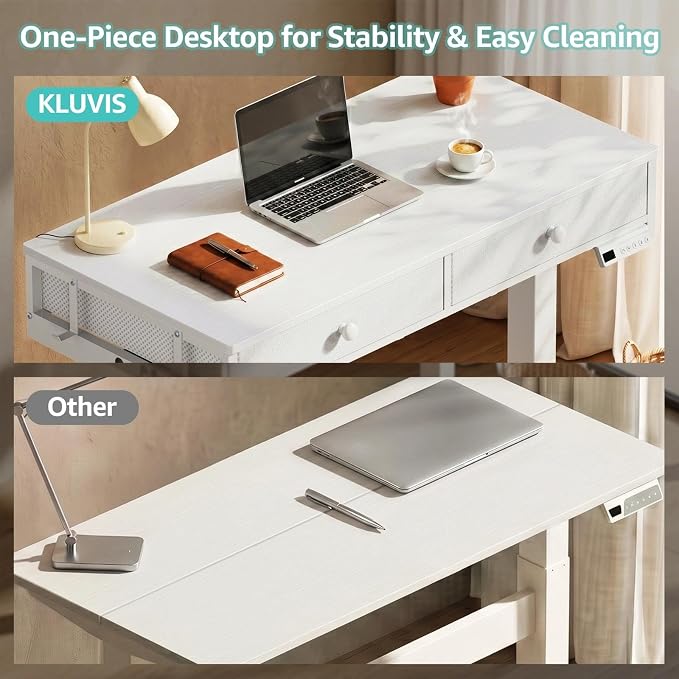 KLUVIS White Electric Standing Desk with Drawers, 39 Inch Small Adjustable Desk with Storage, Sit Stand Computer Study Writing Desks for Small Space Home Office, Stand Up Work Desks for Walking Pad