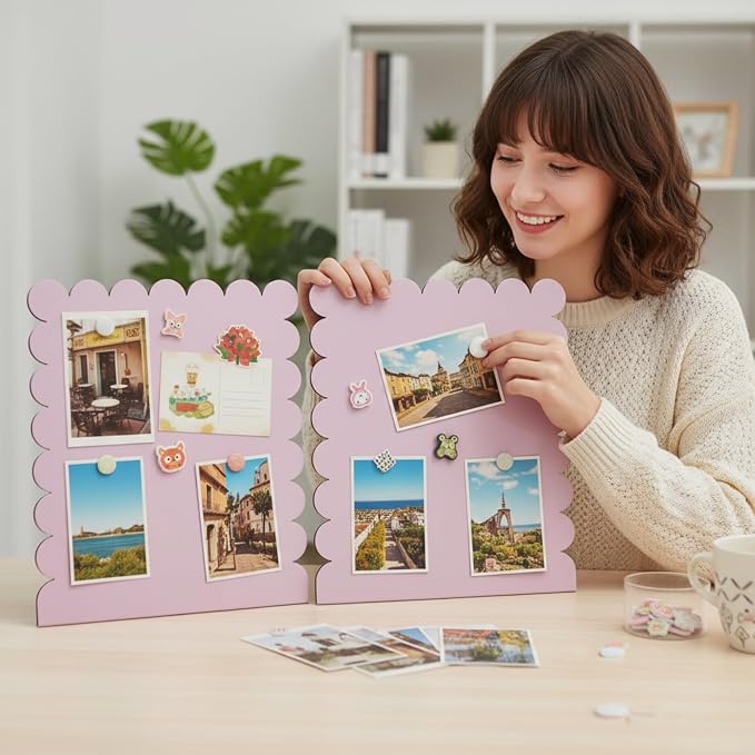 Gueevin 2 Pcs Magnet Board Standing Magnetic Metal Board for Desk and Wall Scalloped Magnetic Display Stand for Memos Photos and Documents Home Office School Desk Storage Decoration(Pink,Medium)