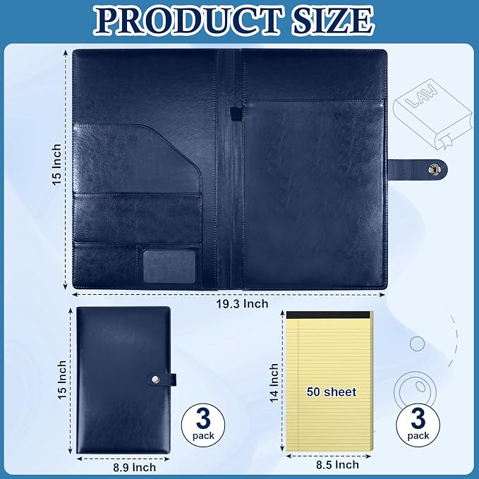 SHIQIKEJIPTY 3Pack Legal Size Portfolio Padfolio PU Leather with 8.5 x 14 inch Tearable Legal Pad Holder 150 Sheets Leather Portfolio Folder Binder for Interview Attorneys Business Blue