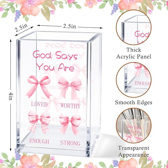 Pink Bow Acrylic Pen Holder Cup, Coquette Christian Desk Decor, Inspirational Bible Verse Pencil Holder, Cute Office Desk Organizer, Gift for Women Girls