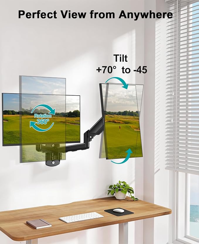 MOUNT PRO Dual Monitor Wall Mount for 2 Computer Screen up to 32 Inch, Gas Spring Double Monitor Arm Holds Up to 19.8lbs Each, Full Motion Adjustable Wall Monitor Mount, VESA Mount 75x75/100x100