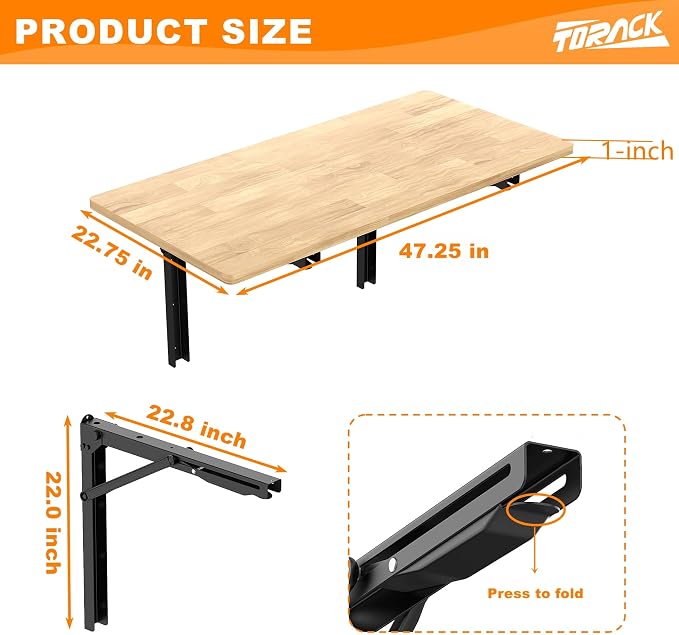 TORACK Heavy Duty Wall Mounted Folding Workbench, Space-Saving Collapsible Wall Table/Desk for Garage Workshop, Holds Up to 550 lbs(Board Size: 47.25 x 22.75 in)