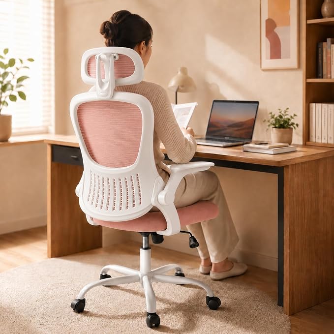 Pink Ergonomic Office Chair, High Back Mesh Desk Chair with Adjustable Headrest Lumbar Support, Computer Chairs with Flip-up Armrests and Thickened Cushion for Adults Home Office, 360° Swivel