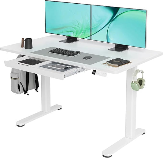 Claiks Standing Desk with Drawers, 48x24 Inch Electric Stand Up Desk, White Adjustable Height Sit Stand Computer Workstation, White | Steel frame supports 176 lbs, 28.3-46.5 inch height range, 3 memory settings, 45 dB motor