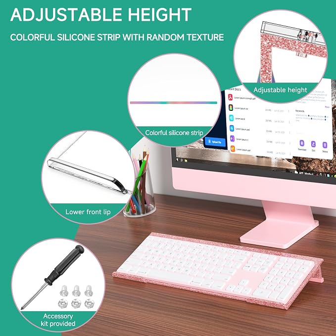 Ergonomic Computer Keyboard Stand - Adjustable Keyboard Riser Tilt Clear and Glitter Rose Gold Acrylic Keyboard Tray Non-Slip Elevated Typing Key Board Holder Lift for Office Desk Accessories