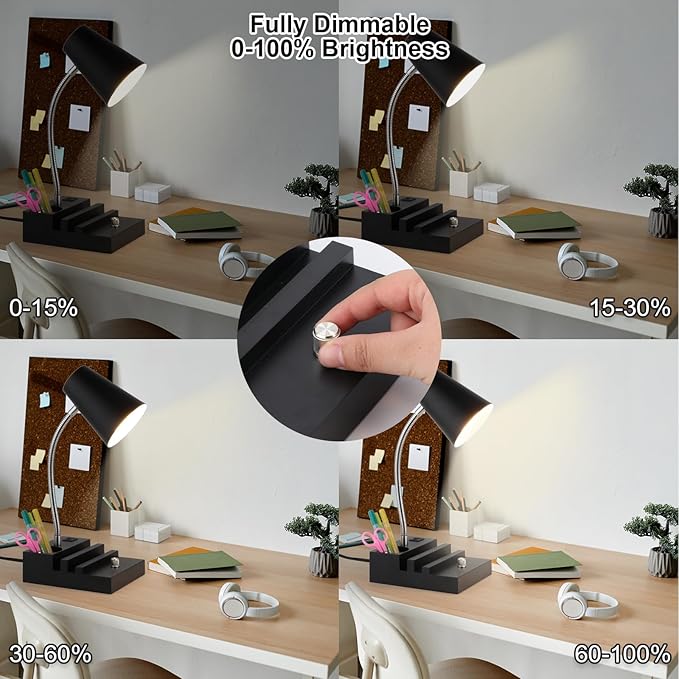 Study Desk Lamp with USB Charging and Type-C Night Light, Gooseneck LED Table Lamp Stepless Dimming Study Table Lamp with Pen Holder for College Dorm Bedroom and Office (Black)
