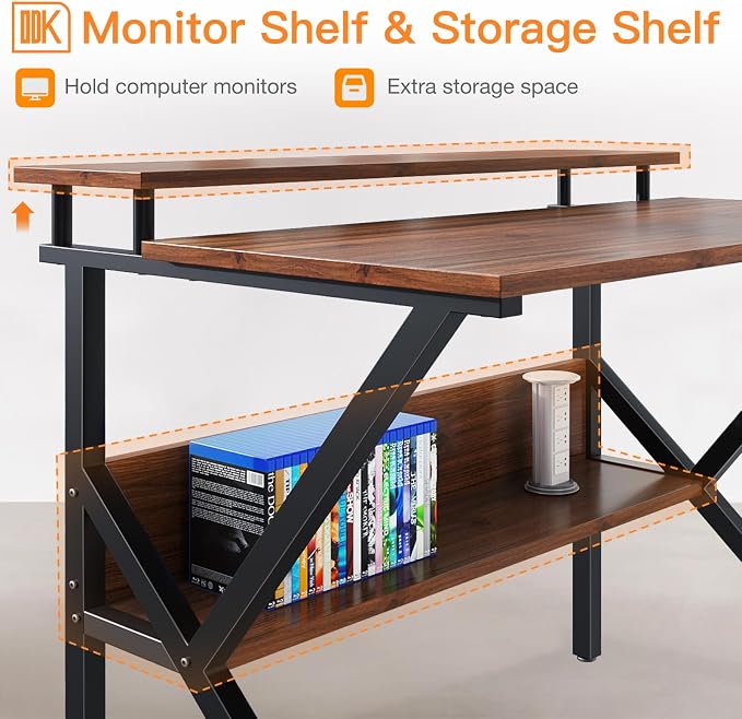 ODK Small Desk, 27.5 Inch Computer Desk for Small Spaces, Study Desk with Storage & Monitor Stand, Deep Brown