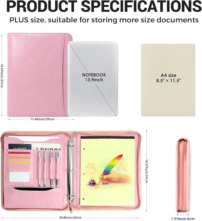 Faux Leather Zippered Padfolio with 3 Ring Binder, Executive Portfolio Organizer Binder for Women, Fits 13.9" Laptop/Tablet, Refillable Writing Pad Pocket, Pink