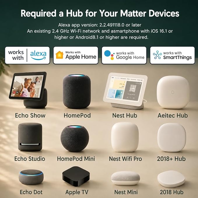 Matter Smart Plug, Works with Alexa,Apple Home, Google Home & SmartThings, Easy Setup, Timer Outlet, 2.4GHz WiFi Only, Matter Hub Required (1 Pack)