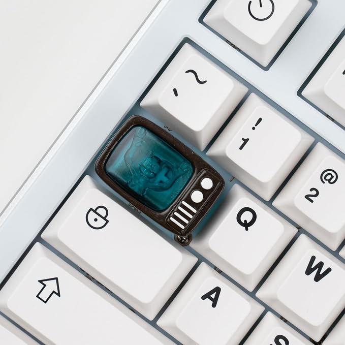 Retro TV Artisan Keycap, Transparent Turquoise Resin, 1.5U Size, Hand-Painted 3D Printed Design, Compatible with MX Switches, for Tab and Backslash Keys