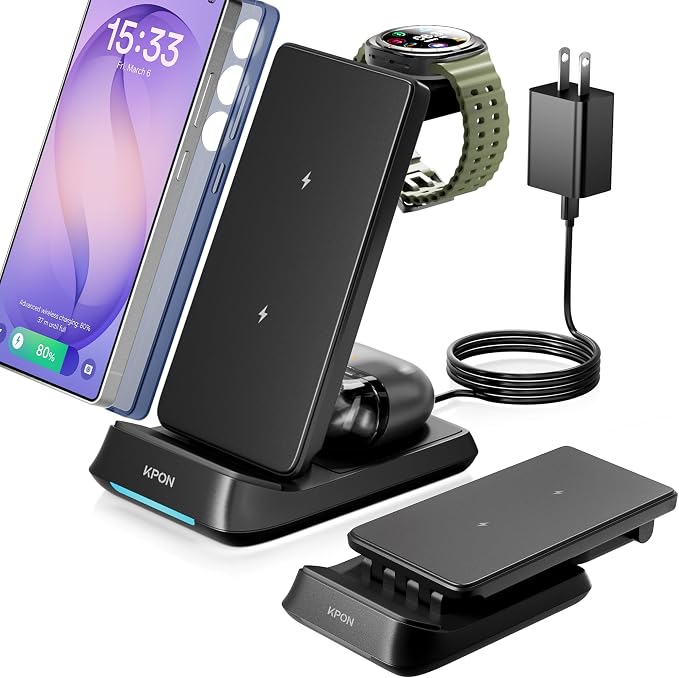3 in 1 Charging Station for Samsung, Wireless Charger for Thick Cases, Foldable Phone and Watch Charger Stand for Galaxy S26/S25/S25 Ultra/S24/Z Fold/Android Devices, Galaxy Watch and Earbuds