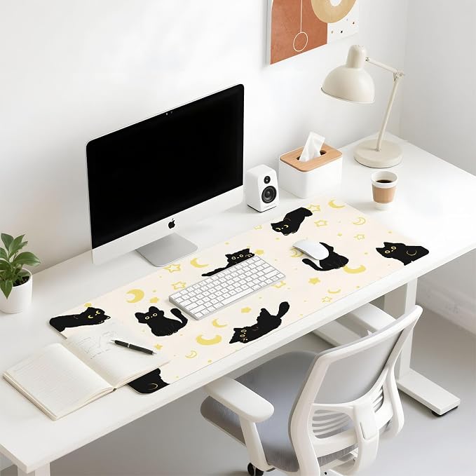 Mouse Pad Leather Desk Mat Large Keyboard Cute Office Desktop Computer Laptop XXL Long Big Aesthetic Modern Design Women Girls Gaming Gamer Oversized Wide Mousepad 31.5"x15.7", Black Cat