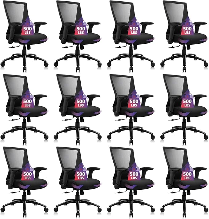 CLATINA Big and Tall Office Chair - Extra Wide Thick Seat, Heavy Duty High Back Executive Desk Chair with Adjustable Armrests, Ergonomic Mesh Computer Chair for Home Office Conference, 500LBS, 12 Pack