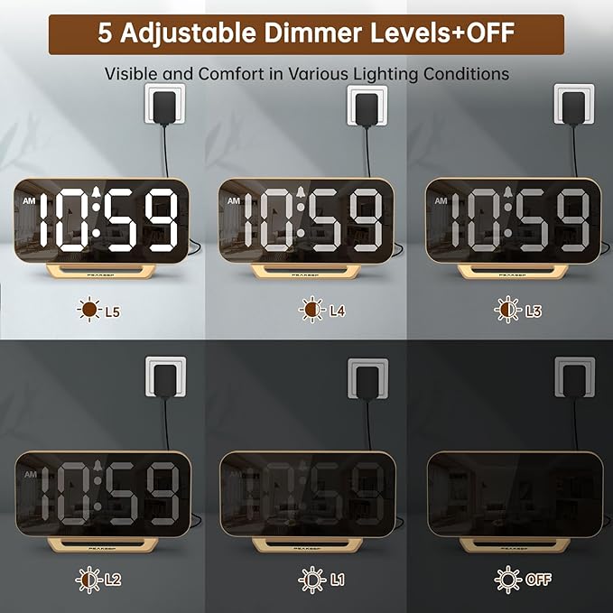 Peakeep Slim Digital Mirror Aesthetic Alarm Clock for Bedrooms Desk Decor | Plug in Electric Big LED Modern Small Clock for Office Living Room, Battery Backup, 6 Dimmers (Gold)