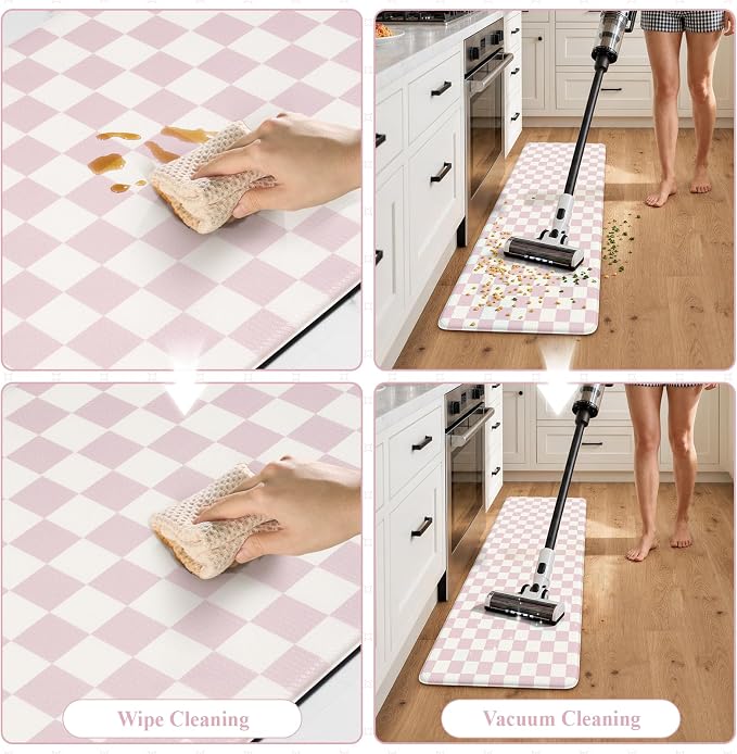 KIMODE Kitchen Anti Fatigue Mats, Light Pink Checkered Home Decor Carpet | Geometric Kitchen Rugs Sets of 2,Padded Kitchen Mats for Floor,Cushioned Rugs for Kithcen Floor Sink Laundry 17"x47"+17"x29"