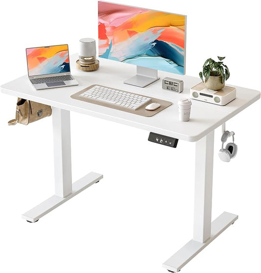 TIQLAB Height Adjustable Electric Standing Desk, 40 x 24 inch, Sit Stand Up Desk, Splice Board, Computer Home Office Desk, White Top